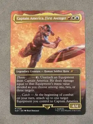 captain america mtg card America, First Avenger - Proxy Marvel SLD Put a +1/+1 counter on that Hero and a +1/+1 counter on Captain America. Captain America, Liberator [SGL-MTG-MSC-587-ENF]